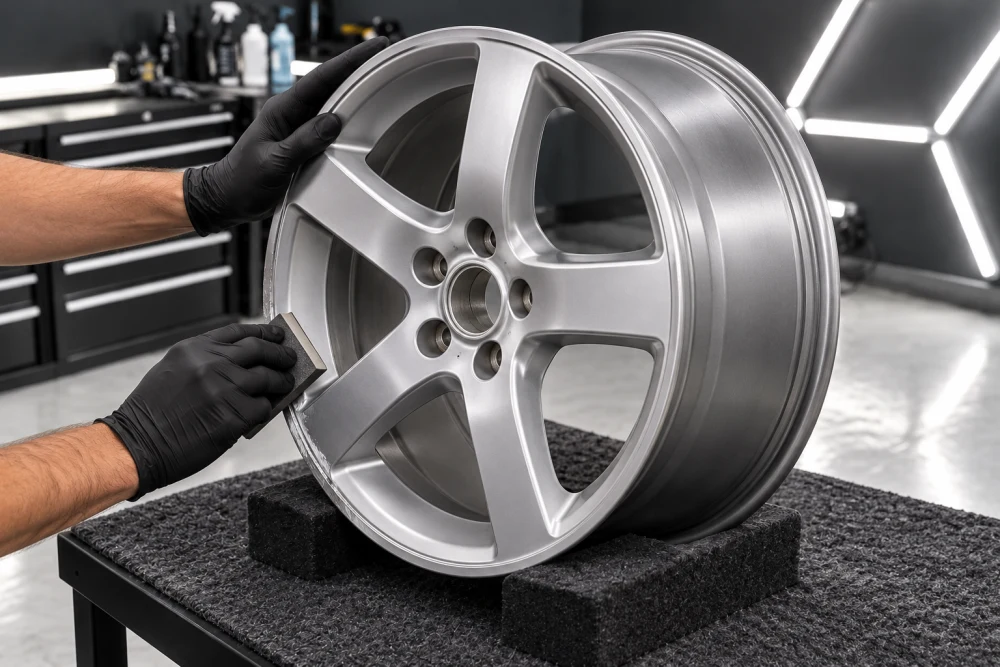 Illustration of gloved hands preparing kerb damage on a five-spoke alloy wheel