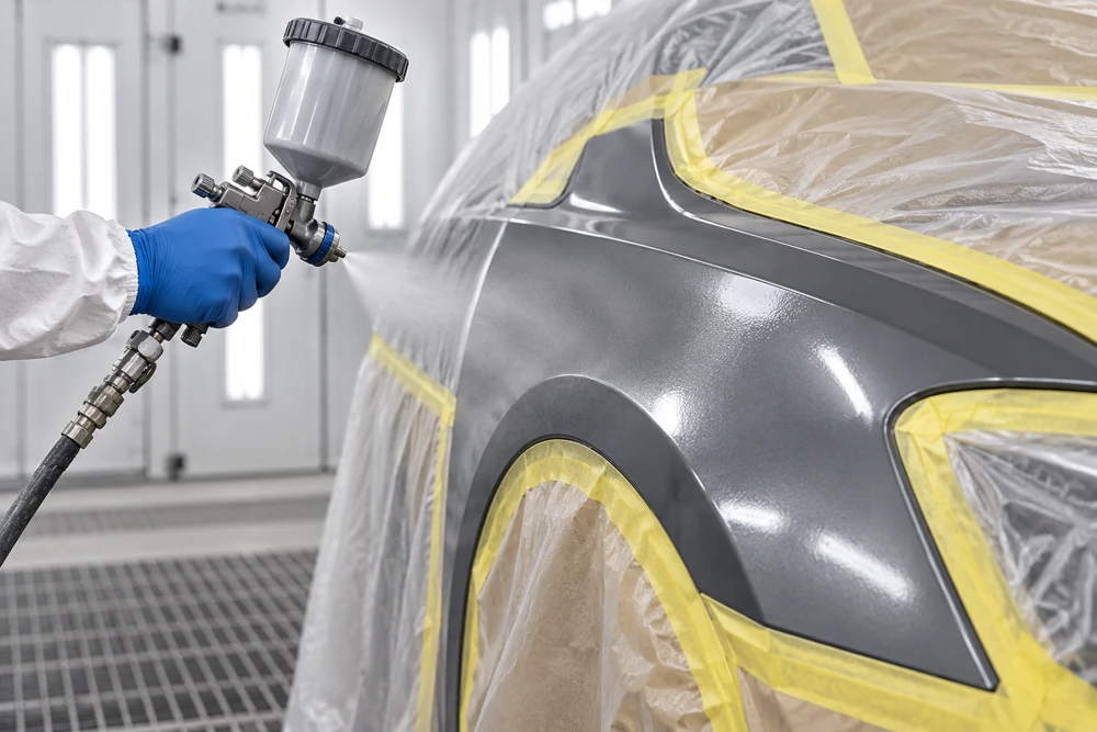 Illustration of a masked car wing being spray painted in a spray booth