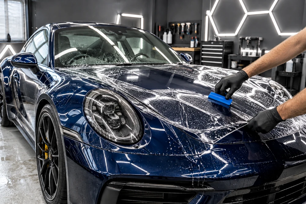 Illustration of clear paint protection film being fitted to a car bonnet
